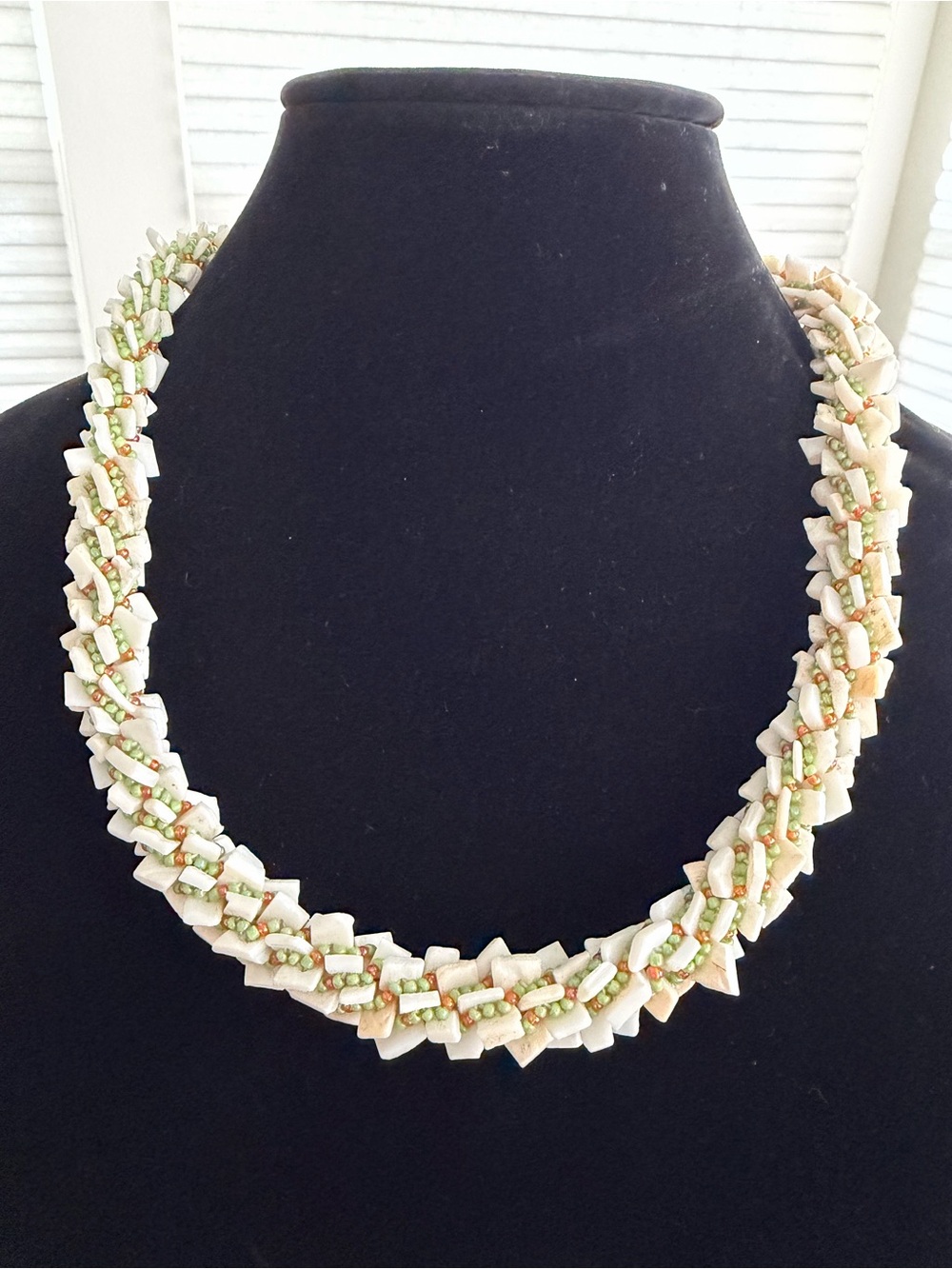 Vintage Cream Braided Necklace with Green and Gold Beads